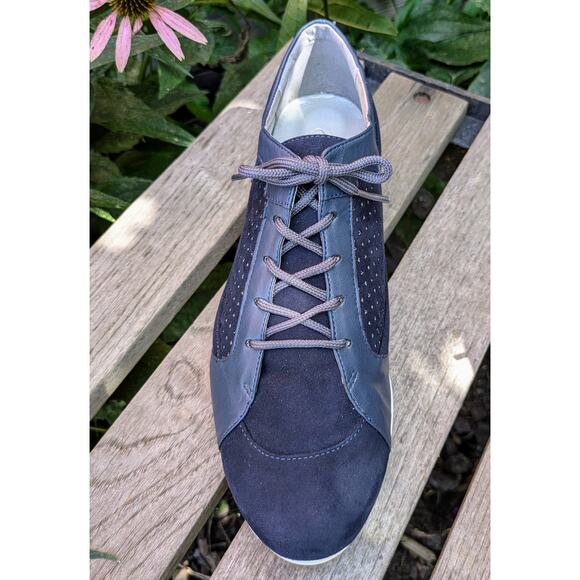 Sheridan Mia Suede Sneakers 9.5 Blue Leather Wedge Heel 80s Retro Lace Up Comfy - Picture 3 of 9